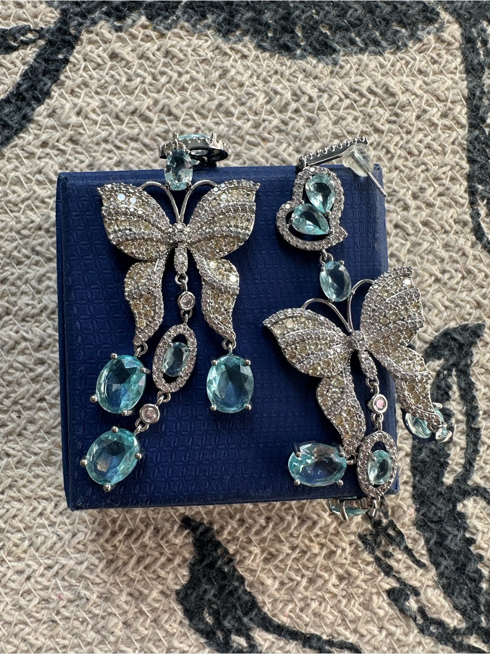 Blue Crystal Butterfly Statement Earrings Silver Tone Rhinestone Dangle Earrings